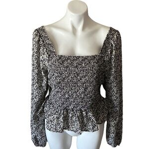 Japna Black and White Floral Smocked Square Neck Peasant Peplum Top Blouse